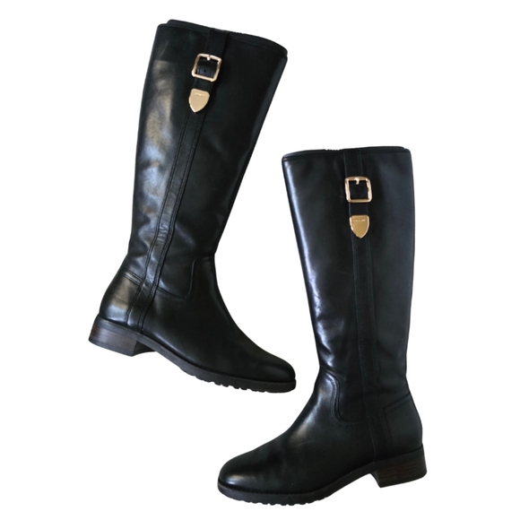 COACH Easton Riding Boots Black Gold size 9 Knee High Harness Buckle - Picture 1 of 5